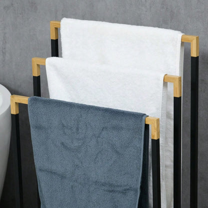 Handtuchständer aus Stahl & Bambus mit 3 Stangen, Badetuchhalter für Badezimmer, schwarz - von kleankin