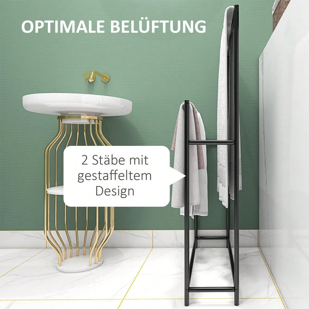 Handtuchständer freistehend mit 2 Stangen, Badetuchhalter aus Metall für Badezimmer, 66x20x110 cm, schwarz - von HOMCOM