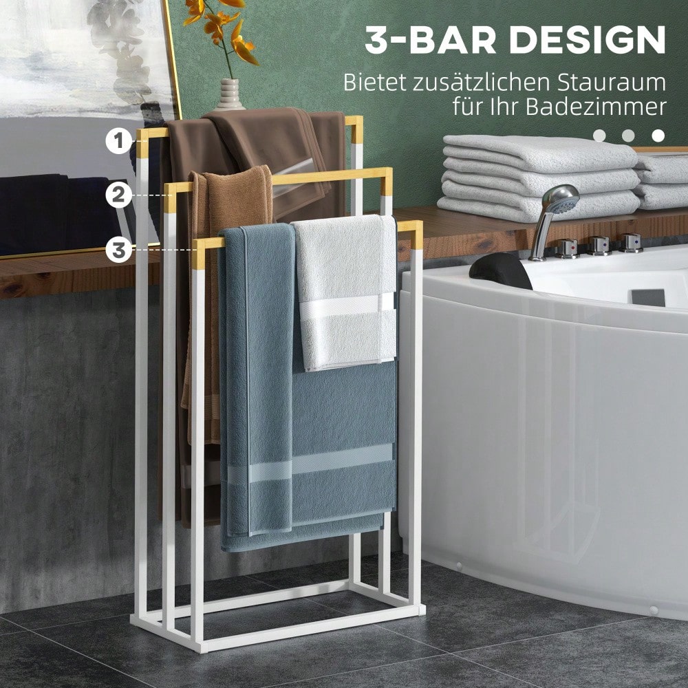 Handtuchständer freistehend mit 3 Stangen aus Stahl & Bambus, für Badezimmer, weiß - von kleankin