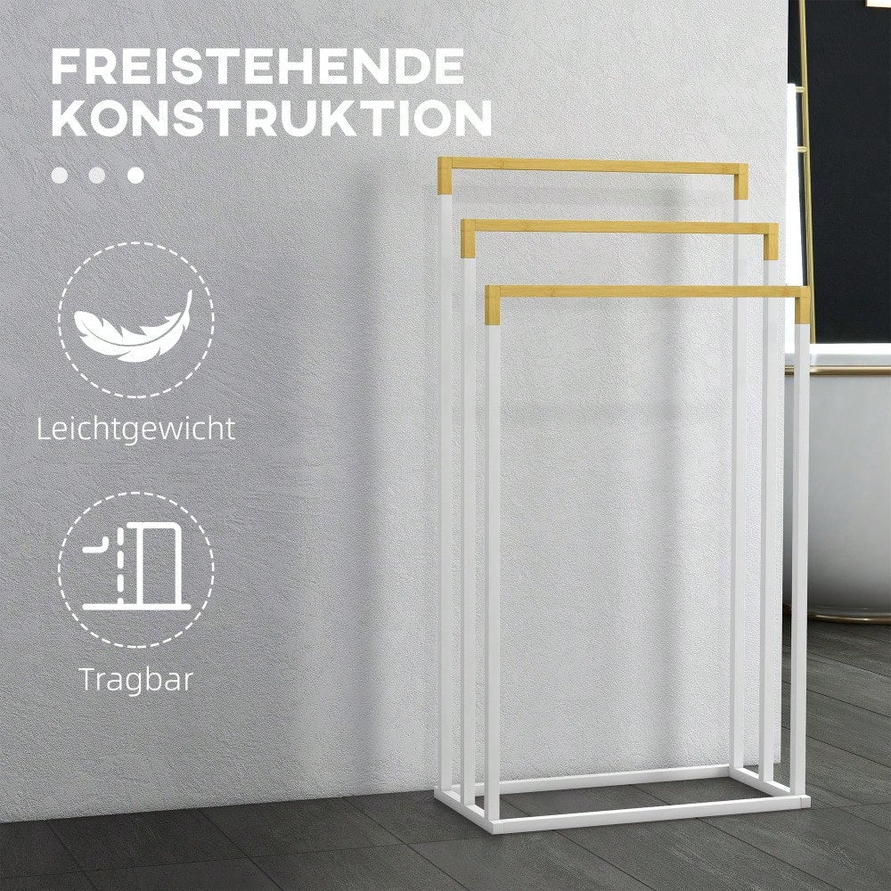 Handtuchständer freistehend mit 3 Stangen aus Stahl & Bambus, für Badezimmer, weiß - von kleankin