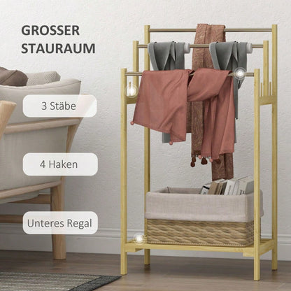 Handtuchständer freistehend mit 4 Haken & 3 Stangen, Badetuchhalter aus Bambus für Badezimmer, naturfarben - von HOMCOM