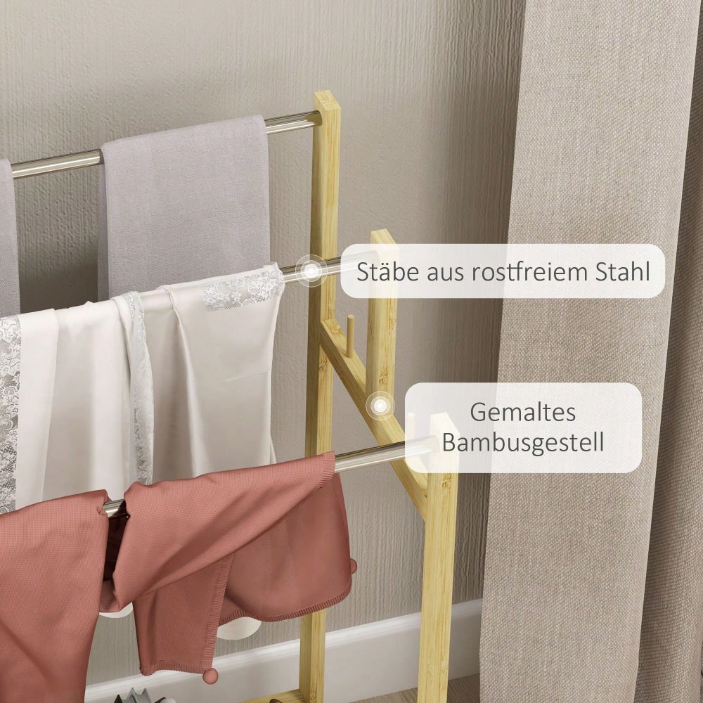 Handtuchständer freistehend mit 4 Haken & 3 Stangen, Badetuchhalter aus Bambus für Badezimmer, naturfarben - von HOMCOM