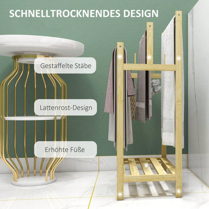 Handtuchständer freistehend mit 4 Haken & 3 Stangen, Badetuchhalter aus Bambus für Badezimmer, naturfarben - von HOMCOM