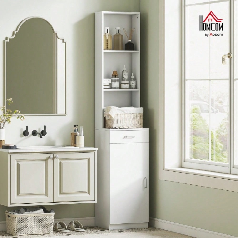 Schmaler Hochschrank 179 cm mit Schublade, Tür & verstellbaren Regalen, für Badezimmer & Wohnzimmer, 35x30,5x179 cm, weiß - von HOMCOM