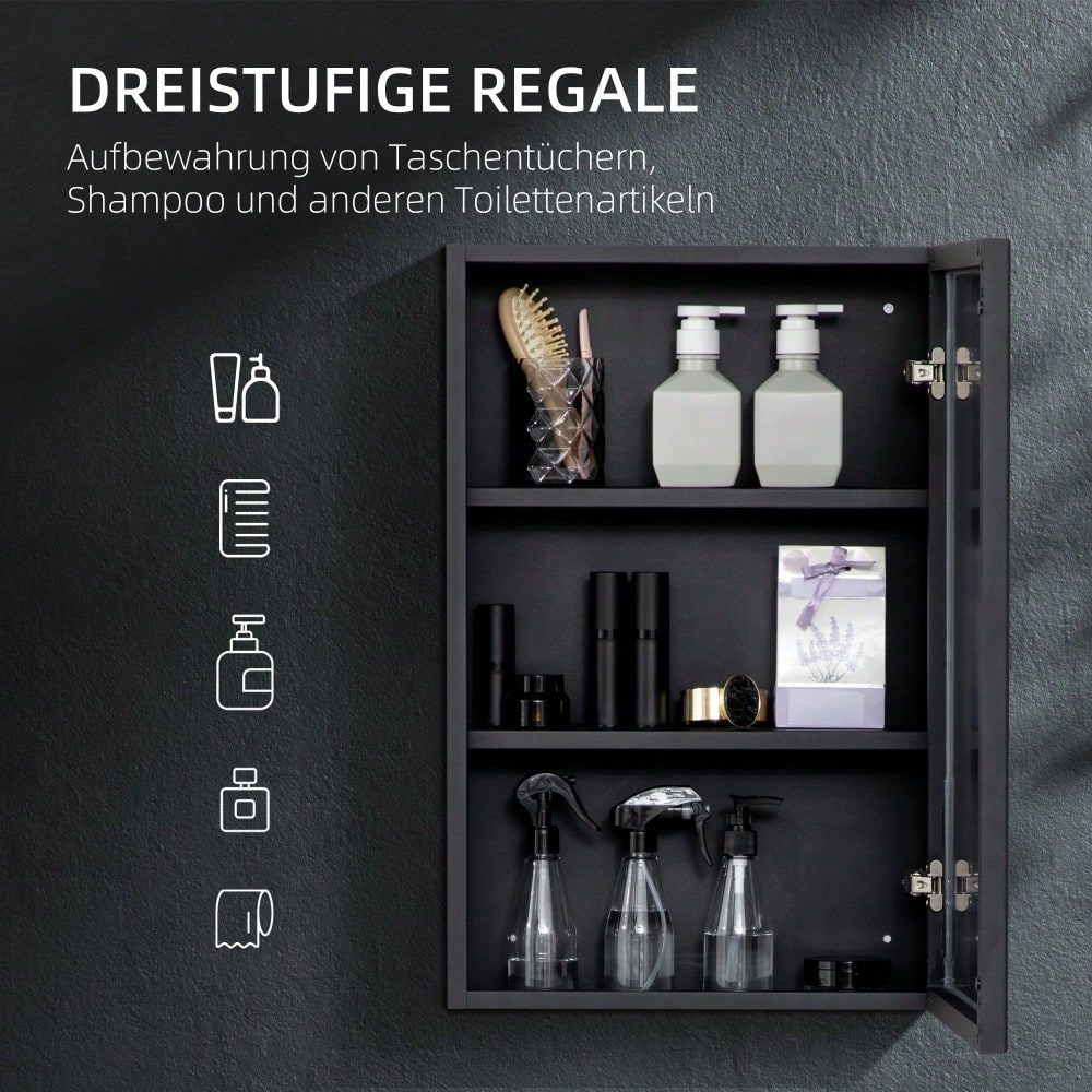 kleankin Spiegelschrank mit 3 Einbauspiegeln, Badezimmerschrank Hängeschrank (40x12x60 cm), Medizinschrank mit 3 Etagen, Spiegel Schrank für Bad & Schlafzimmer, Schwarz