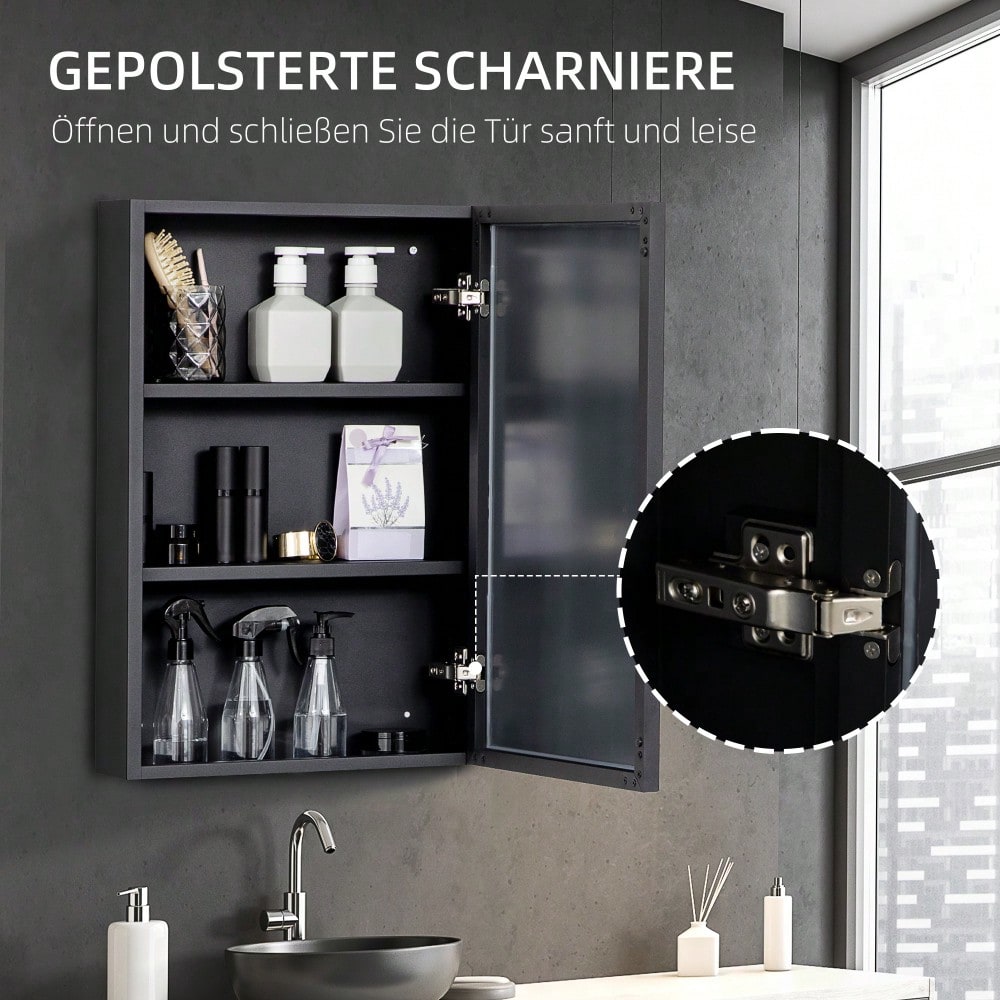 kleankin Spiegelschrank mit 3 Einbauspiegeln, Badezimmerschrank Hängeschrank (40x12x60 cm), Medizinschrank mit 3 Etagen, Spiegel Schrank für Bad & Schlafzimmer, Schwarz