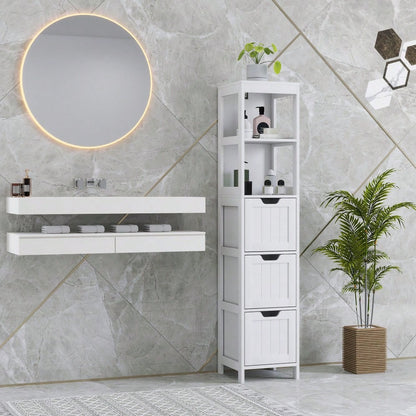 Kleankin Badezimmerschrank Hochschrank, 142.4 cm hoch, 3 Schubladen & 2 offene Fächer, Stauraum Schrank für Bad & Wohnzimmer, Weiß, 30x30 cm (BxT)