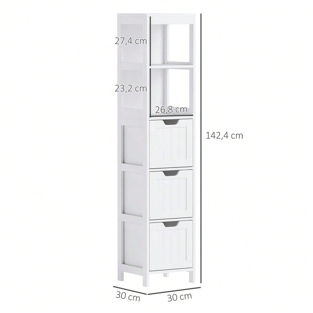 Kleankin Badezimmerschrank Hochschrank, 142.4 cm hoch, 3 Schubladen & 2 offene Fächer, Stauraum Schrank für Bad & Wohnzimmer, Weiß, 30x30 cm (BxT)