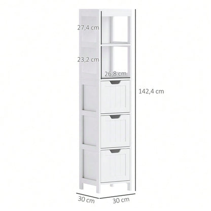 Kleankin Badezimmerschrank Hochschrank, 142.4 cm hoch, 3 Schubladen & 2 offene Fächer, Stauraum Schrank für Bad & Wohnzimmer, Weiß, 30x30 cm (BxT)