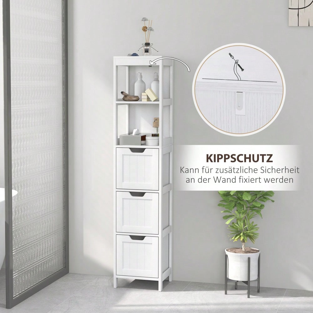 Kleankin Badezimmerschrank Hochschrank, 142.4 cm hoch, 3 Schubladen & 2 offene Fächer, Stauraum Schrank für Bad & Wohnzimmer, Weiß, 30x30 cm (BxT)