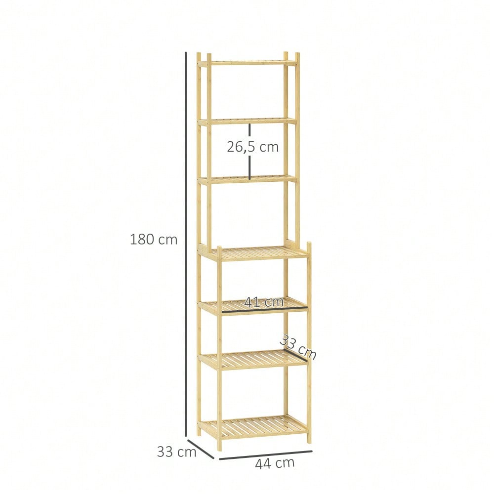 HOMCOM Badezimmerregal aus Bambus, 180 cm hohes Badregal mit 7 Ebenen, Standregal für Bad & Wohnzimmer, Stauraum Aufbewahrungsregal, Natur, 44x33 cm (BxT)