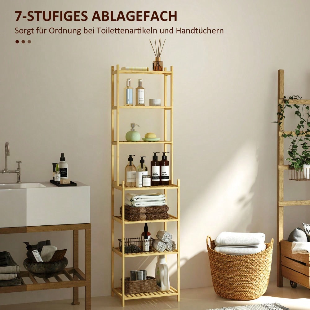 HOMCOM Badezimmerregal aus Bambus, 180 cm hohes Badregal mit 7 Ebenen, Standregal für Bad & Wohnzimmer, Stauraum Aufbewahrungsregal, Natur, 44x33 cm (BxT)