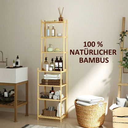 HOMCOM Badezimmerregal aus Bambus, 180 cm hohes Badregal mit 7 Ebenen, Standregal für Bad & Wohnzimmer, Stauraum Aufbewahrungsregal, Natur, 44x33 cm (BxT)