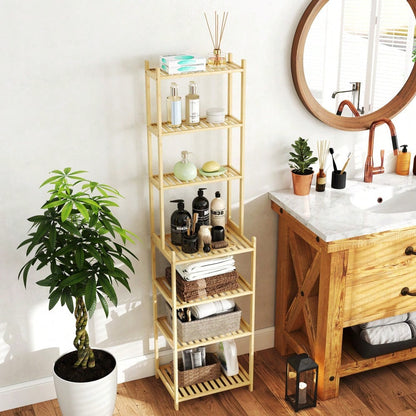 HOMCOM Badezimmerregal aus Bambus, 180 cm hohes Badregal mit 7 Ebenen, Standregal für Bad & Wohnzimmer, Stauraum Aufbewahrungsregal, Natur, 44x33 cm (BxT)