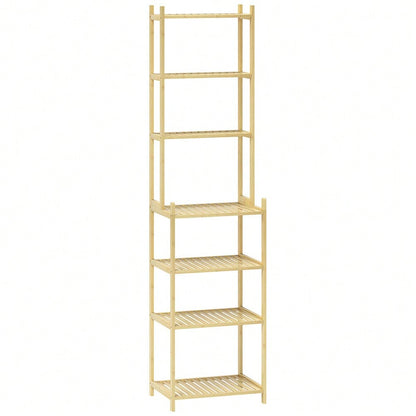 HOMCOM Badezimmerregal aus Bambus, 180 cm hohes Badregal mit 7 Ebenen, Standregal für Bad & Wohnzimmer, Stauraum Aufbewahrungsregal, Natur, 44x33 cm (BxT)