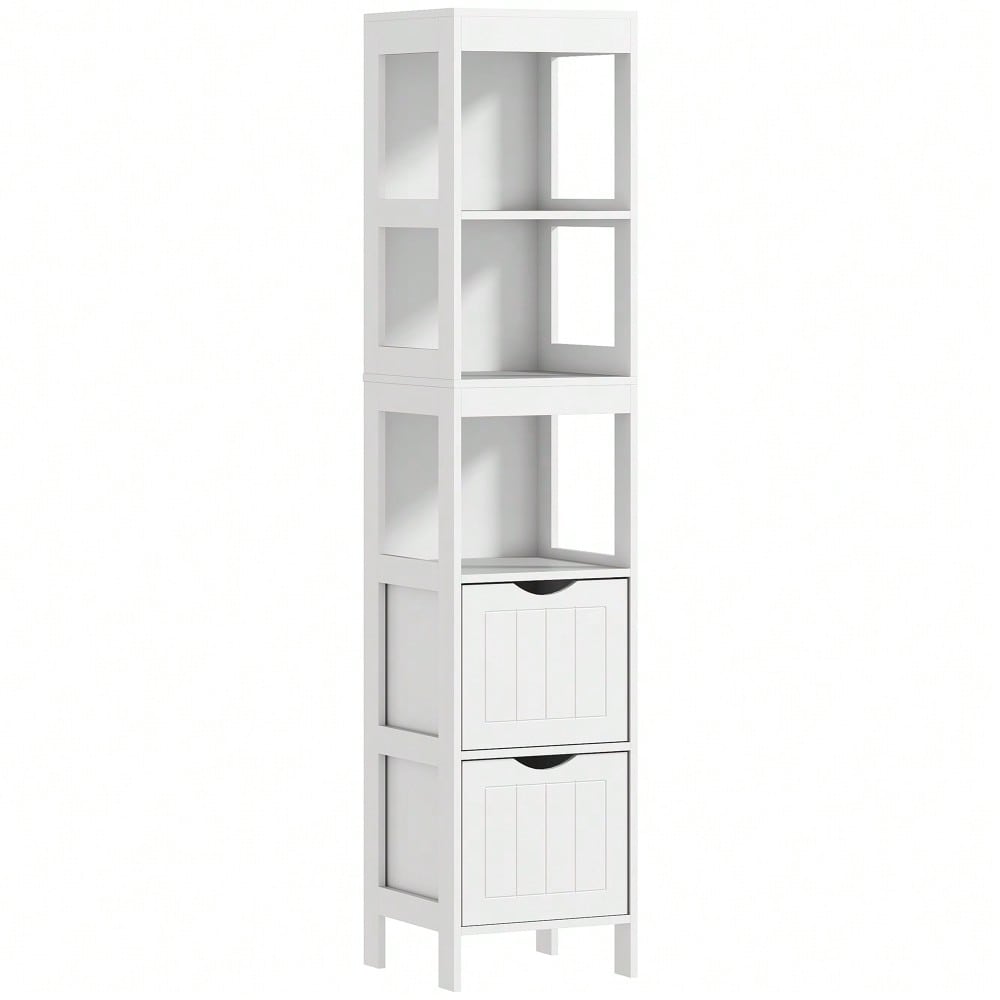 HOMCOM Badezimmerschrank schmal für kleine Räume, 141.2 cm Hochschrank mit 2 Schubladen & 3 offenen Fächern, Toilettenschrank Badschrank, Weiß, 30x30 cm (BxT)