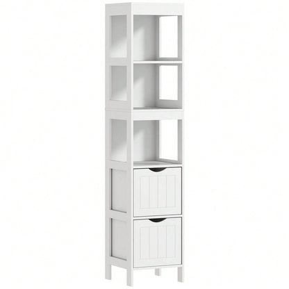 HOMCOM Badezimmerschrank schmal für kleine Räume, 141.2 cm Hochschrank mit 2 Schubladen & 3 offenen Fächern, Toilettenschrank Badschrank, Weiß, 30x30 cm (BxT)