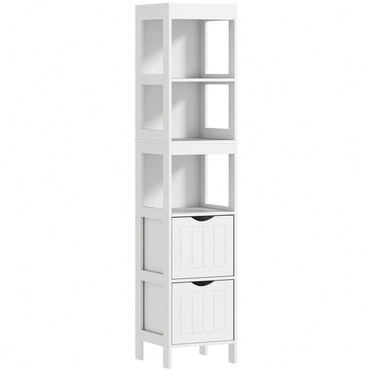 HOMCOM Badezimmerschrank schmal für kleine Räume, 141.2 cm Hochschrank mit 2 Schubladen & 3 offenen Fächern, Toilettenschrank Badschrank, Weiß, 30x30 cm (BxT)