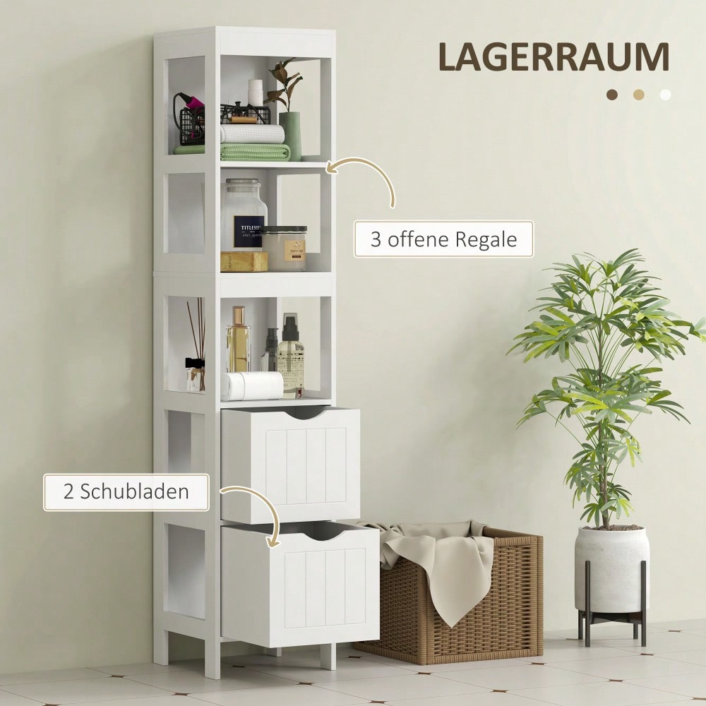 HOMCOM Badezimmerschrank schmal für kleine Räume, 141.2 cm Hochschrank mit 2 Schubladen & 3 offenen Fächern, Toilettenschrank Badschrank, Weiß, 30x30 cm (BxT)