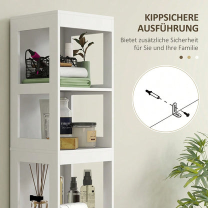 HOMCOM Badezimmerschrank schmal für kleine Räume, 141.2 cm Hochschrank mit 2 Schubladen & 3 offenen Fächern, Toilettenschrank Badschrank, Weiß, 30x30 cm (BxT)