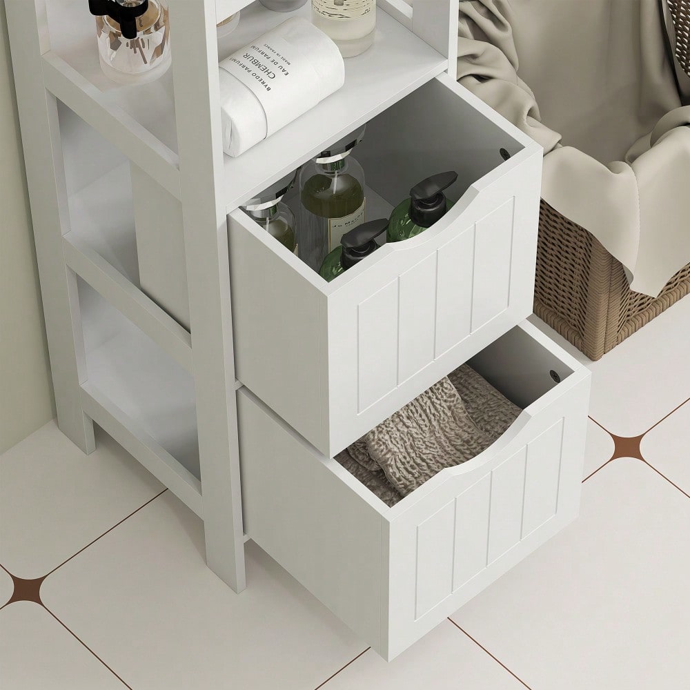 HOMCOM Badezimmerschrank schmal für kleine Räume, 141.2 cm Hochschrank mit 2 Schubladen & 3 offenen Fächern, Toilettenschrank Badschrank, Weiß, 30x30 cm (BxT)