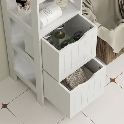 HOMCOM Badezimmerschrank schmal für kleine Räume, 141.2 cm Hochschrank mit 2 Schubladen & 3 offenen Fächern, Toilettenschrank Badschrank, Weiß, 30x30 cm (BxT)