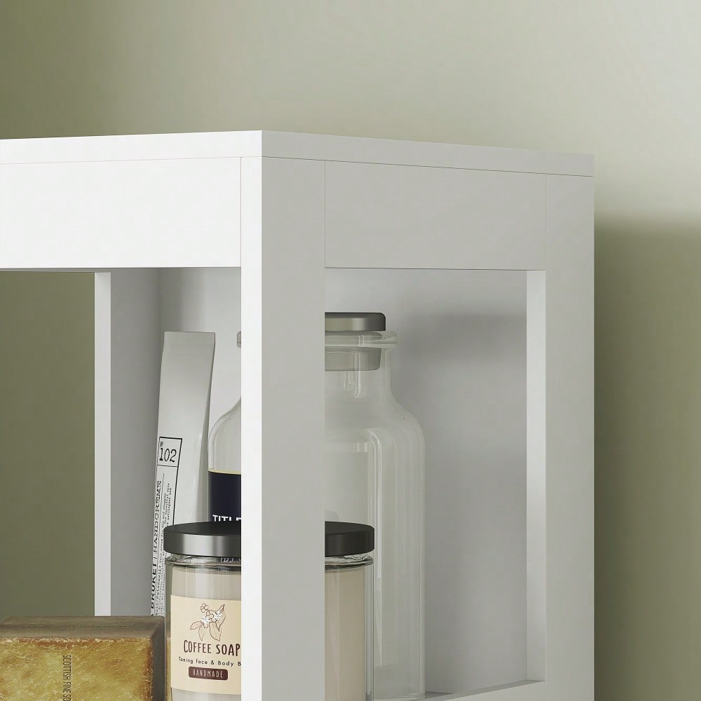 HOMCOM Badezimmerschrank schmal für kleine Räume, 141.2 cm Hochschrank mit 2 Schubladen & 3 offenen Fächern, Toilettenschrank Badschrank, Weiß, 30x30 cm (BxT)