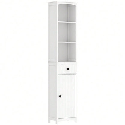 HOMCOM Badezimmerschrank Hochschrank, 170.5 cm hoher Badschrank mit 3 offenen Regalen & 1 Schublade, schmaler Stauraum Schrank für kleine Bäder, Badmöbel Weiß, 34x24 cm (BxT)