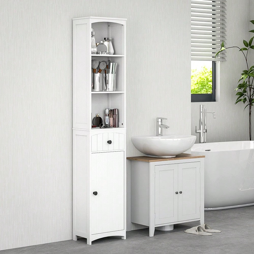 HOMCOM Badezimmerschrank Hochschrank, 170.5 cm hoher Badschrank mit 3 offenen Regalen & 1 Schublade, schmaler Stauraum Schrank für kleine Bäder, Badmöbel Weiß, 34x24 cm (BxT)