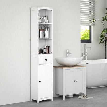 HOMCOM Badezimmerschrank Hochschrank, 170.5 cm hoher Badschrank mit 3 offenen Regalen & 1 Schublade, schmaler Stauraum Schrank für kleine Bäder, Badmöbel Weiß, 34x24 cm (BxT)