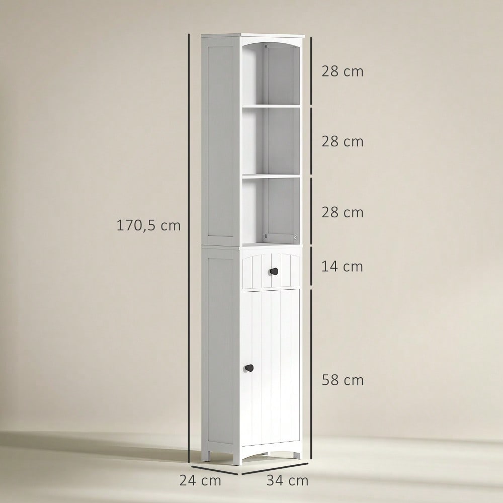 HOMCOM Badezimmerschrank Hochschrank, 170.5 cm hoher Badschrank mit 3 offenen Regalen & 1 Schublade, schmaler Stauraum Schrank für kleine Bäder, Badmöbel Weiß, 34x24 cm (BxT)