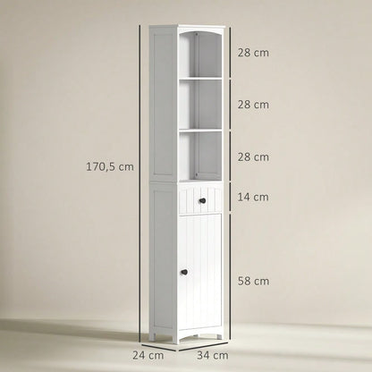 HOMCOM Badezimmerschrank Hochschrank, 170.5 cm hoher Badschrank mit 3 offenen Regalen & 1 Schublade, schmaler Stauraum Schrank für kleine Bäder, Badmöbel Weiß, 34x24 cm (BxT)