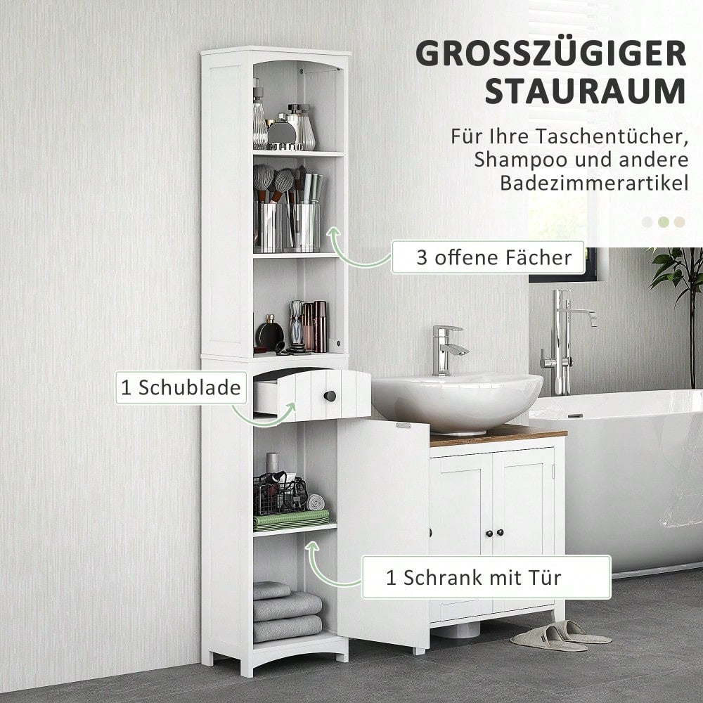 HOMCOM Badezimmerschrank Hochschrank, 170.5 cm hoher Badschrank mit 3 offenen Regalen & 1 Schublade, schmaler Stauraum Schrank für kleine Bäder, Badmöbel Weiß, 34x24 cm (BxT)