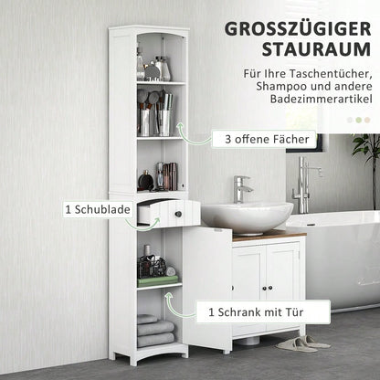HOMCOM Badezimmerschrank Hochschrank, 170.5 cm hoher Badschrank mit 3 offenen Regalen & 1 Schublade, schmaler Stauraum Schrank für kleine Bäder, Badmöbel Weiß, 34x24 cm (BxT)