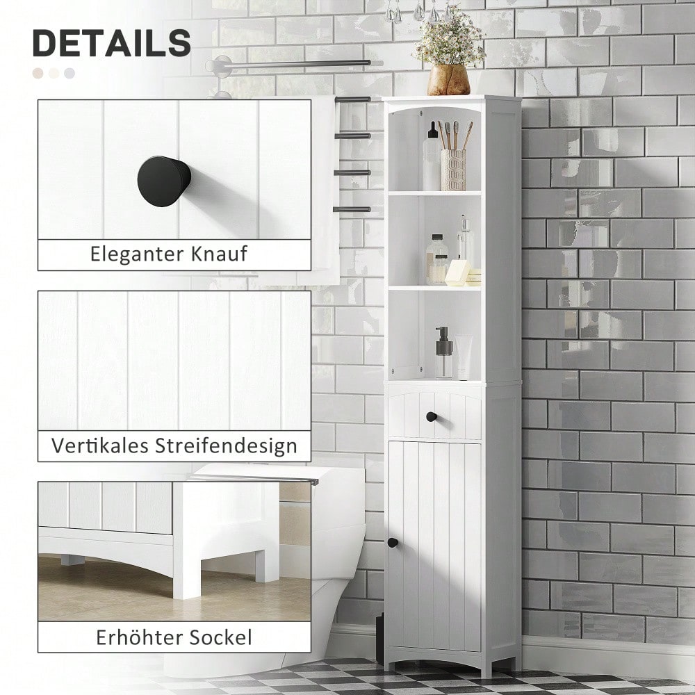 HOMCOM Badezimmerschrank Hochschrank, 170.5 cm hoher Badschrank mit 3 offenen Regalen & 1 Schublade, schmaler Stauraum Schrank für kleine Bäder, Badmöbel Weiß, 34x24 cm (BxT)