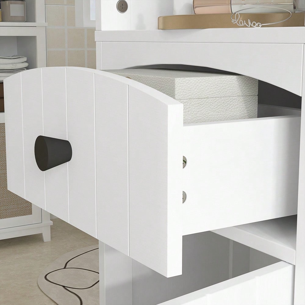 HOMCOM Badezimmerschrank Hochschrank, 170.5 cm hoher Badschrank mit 3 offenen Regalen & 1 Schublade, schmaler Stauraum Schrank für kleine Bäder, Badmöbel Weiß, 34x24 cm (BxT)