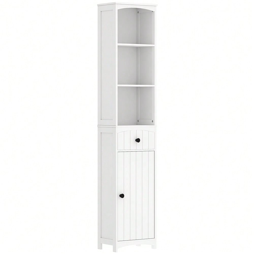 HOMCOM Badezimmerschrank Hochschrank, 170.5 cm hoher Badschrank mit 3 offenen Regalen & 1 Schublade, schmaler Stauraum Schrank für kleine Bäder, Badmöbel Weiß, 34x24 cm (BxT)