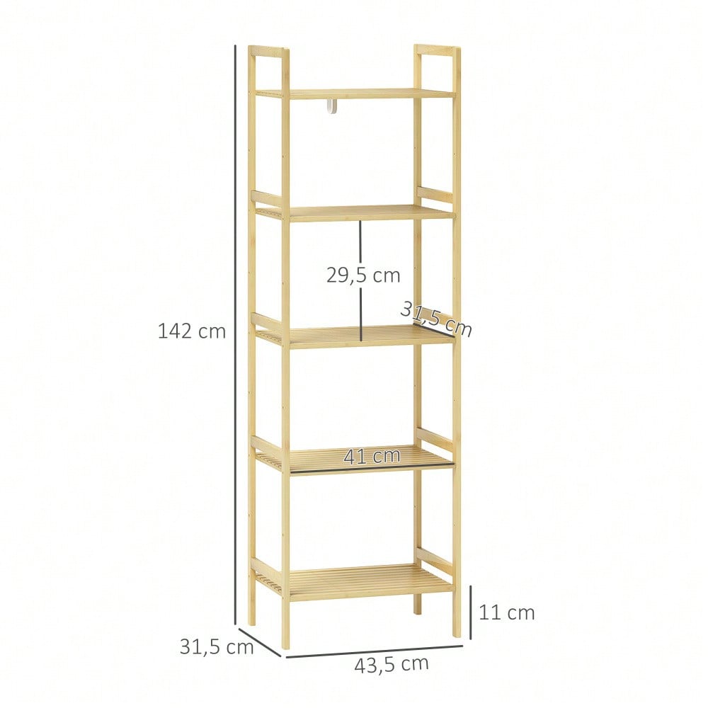 HOMCOM Badregal aus Bambus, 142 cm hohes Badezimmerregal mit 5 verstellbaren Regalböden, Standregal für Bad, Wohnzimmer, Küche, Stauraum Aufbewahrungsregal, Natur, 43.5x31.5 cm (BxT)