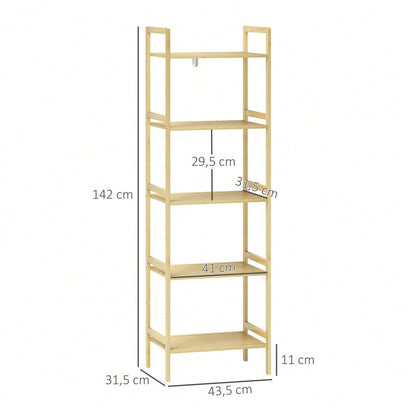 HOMCOM Badregal aus Bambus, 142 cm hohes Badezimmerregal mit 5 verstellbaren Regalböden, Standregal für Bad, Wohnzimmer, Küche, Stauraum Aufbewahrungsregal, Natur, 43.5x31.5 cm (BxT)