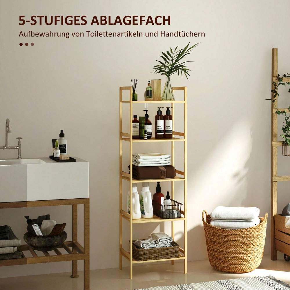 HOMCOM Badregal aus Bambus, 142 cm hohes Badezimmerregal mit 5 verstellbaren Regalböden, Standregal für Bad, Wohnzimmer, Küche, Stauraum Aufbewahrungsregal, Natur, 43.5x31.5 cm (BxT)