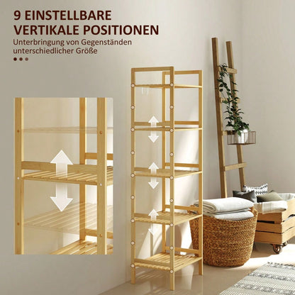 HOMCOM Badregal aus Bambus, 142 cm hohes Badezimmerregal mit 5 verstellbaren Regalböden, Standregal für Bad, Wohnzimmer, Küche, Stauraum Aufbewahrungsregal, Natur, 43.5x31.5 cm (BxT)