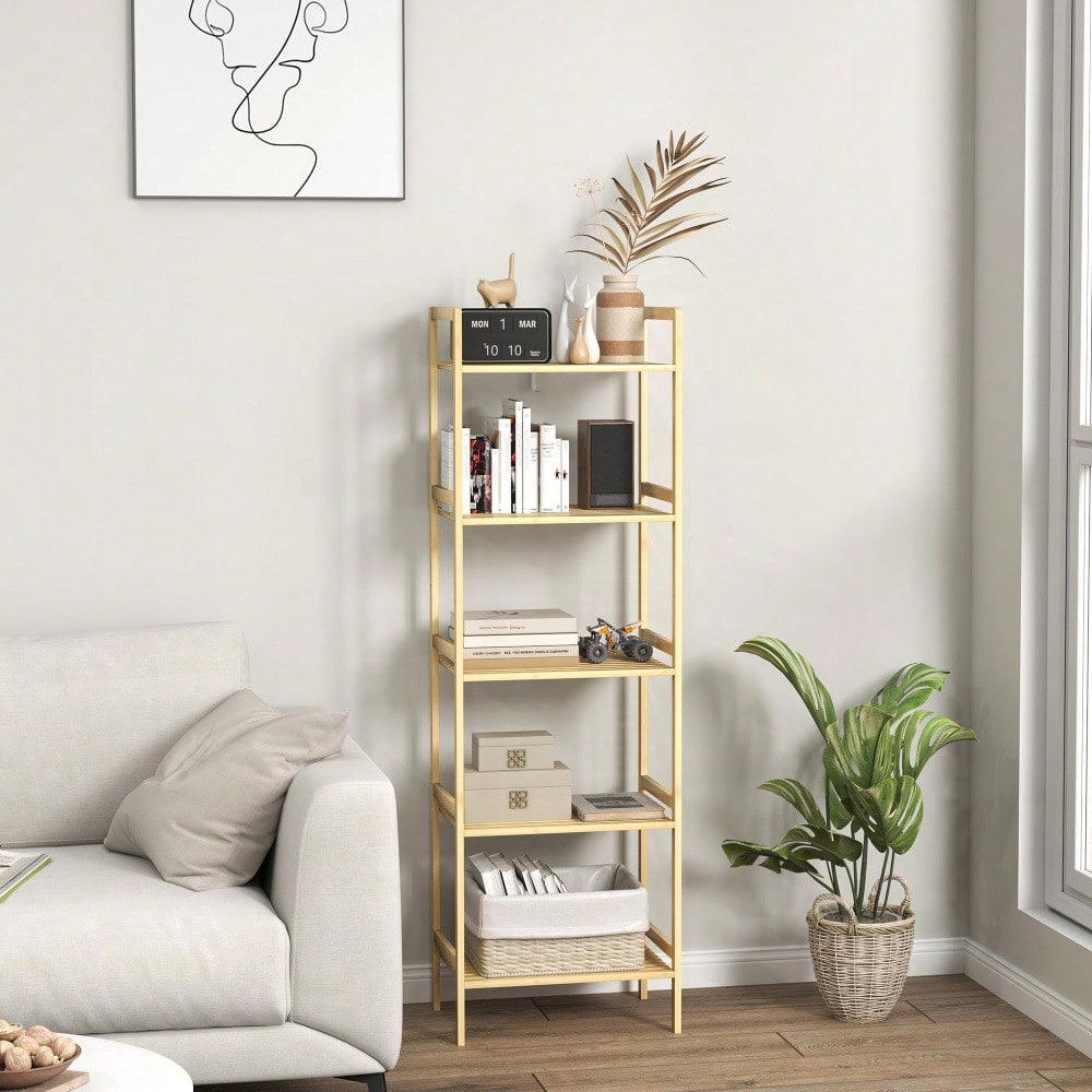 HOMCOM Badregal aus Bambus, 142 cm hohes Badezimmerregal mit 5 verstellbaren Regalböden, Standregal für Bad, Wohnzimmer, Küche, Stauraum Aufbewahrungsregal, Natur, 43.5x31.5 cm (BxT)