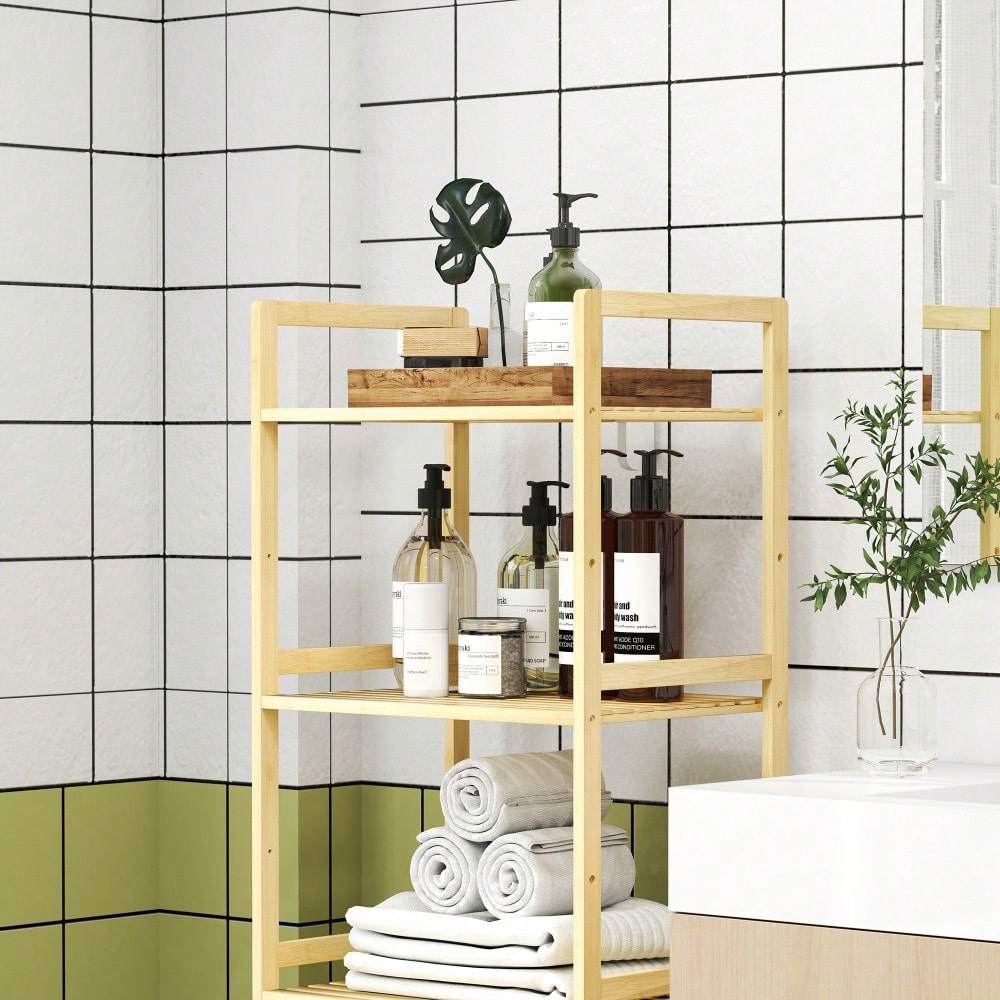 HOMCOM Badregal aus Bambus, 142 cm hohes Badezimmerregal mit 5 verstellbaren Regalböden, Standregal für Bad, Wohnzimmer, Küche, Stauraum Aufbewahrungsregal, Natur, 43.5x31.5 cm (BxT)