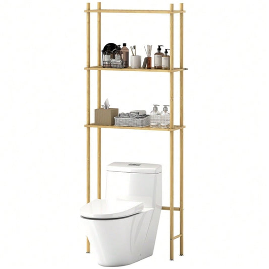 HOMCOM Toilettenregal mit Umkippschutz, 3-stöckiges Badezimmerregal, platzsparendes Multifunktionsregal für Waschküche, Badezimmer, Küche, WC, im Landhausstil, Naturholz