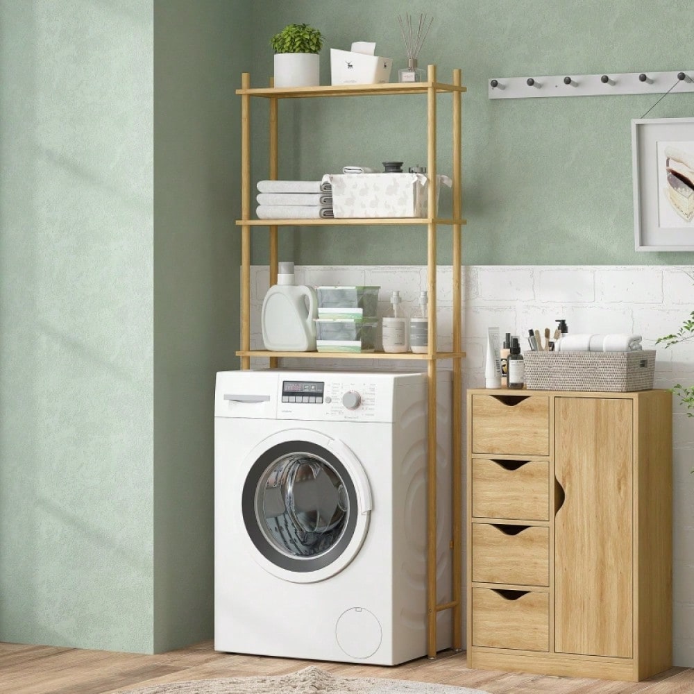 HOMCOM Toilettenregal mit Umkippschutz, 3-stöckiges Badezimmerregal, platzsparendes Multifunktionsregal für Waschküche, Badezimmer, Küche, WC, im Landhausstil, Naturholz