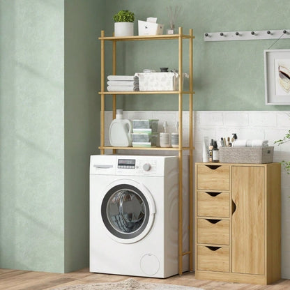 HOMCOM Toilettenregal mit Umkippschutz, 3-stöckiges Badezimmerregal, platzsparendes Multifunktionsregal für Waschküche, Badezimmer, Küche, WC, im Landhausstil, Naturholz