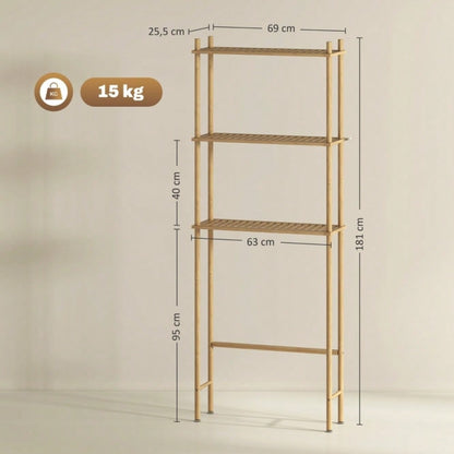 HOMCOM Toilettenregal mit Umkippschutz, 3-stöckiges Badezimmerregal, platzsparendes Multifunktionsregal für Waschküche, Badezimmer, Küche, WC, im Landhausstil, Naturholz