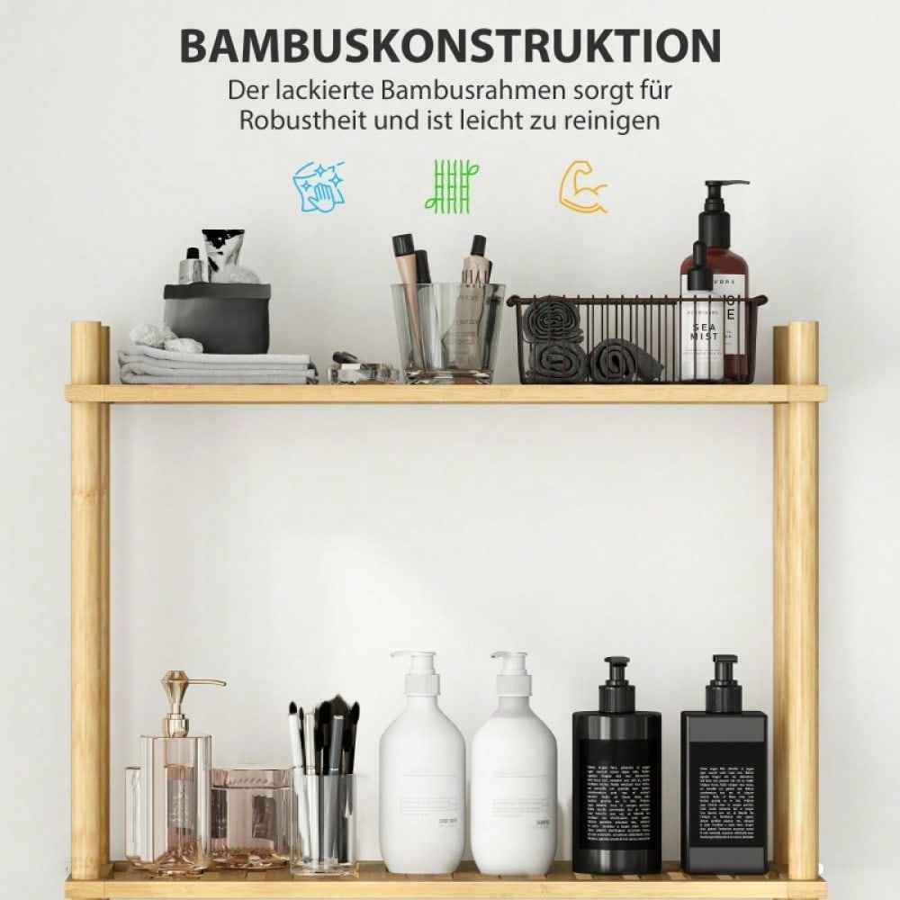 HOMCOM Toilettenregal mit Umkippschutz, 3-stöckiges Badezimmerregal, platzsparendes Multifunktionsregal für Waschküche, Badezimmer, Küche, WC, im Landhausstil, Naturholz