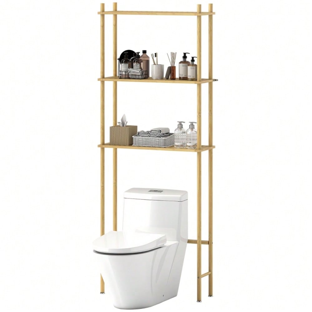 HOMCOM Toilettenregal mit Umkippschutz, 3-stöckiges Badezimmerregal, platzsparendes Multifunktionsregal für Waschküche, Badezimmer, Küche, WC, im Landhausstil, Naturholz