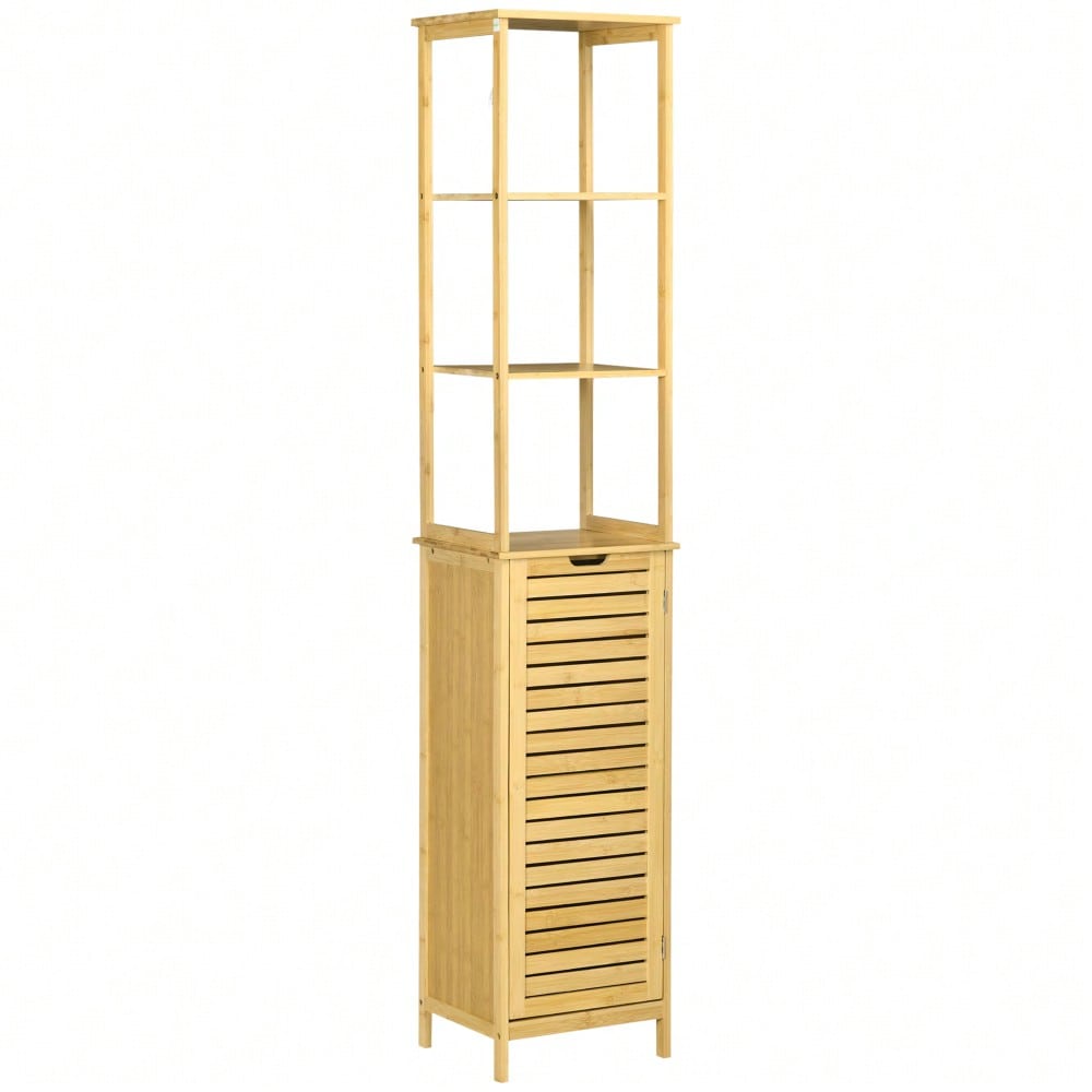 kleankin Badschrank aus Bambus, 173 cm hoher Badezimmerschrank mit 3 offenen Fächern & 1 Schrank, mit Kippschutz und Drucköffnung, freistehend für kleine Badezimmer, Natur